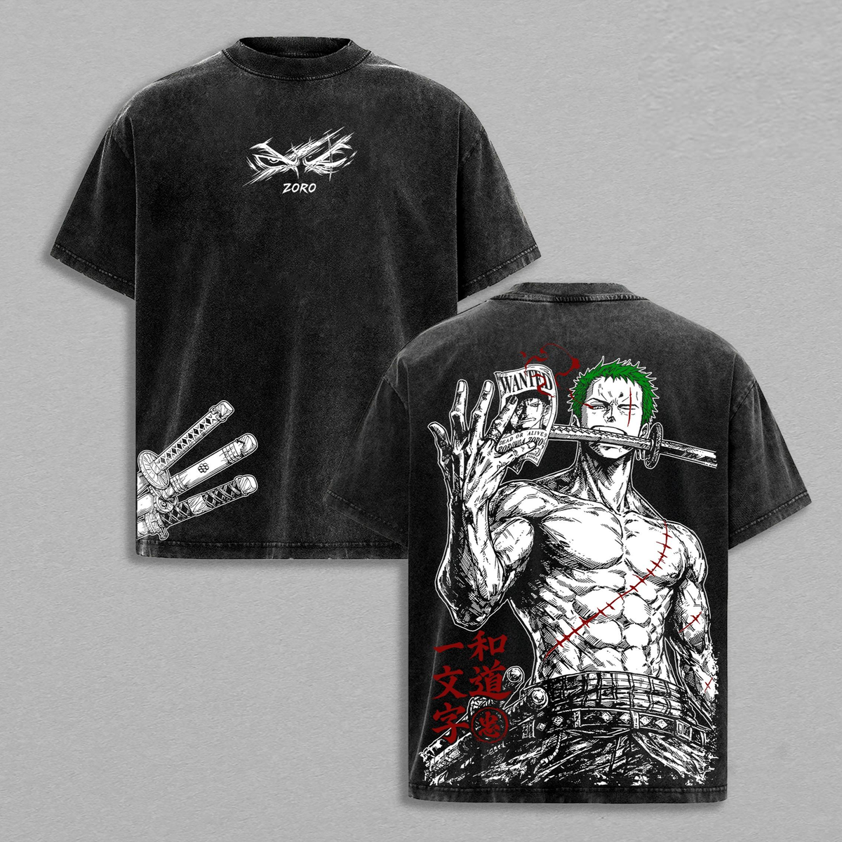 One Piece Roronoa Zoro Washed Tee – Anime Pirate Hunter Santoryu Three Sword Style Manga Graphic Double Printed T-Shirt