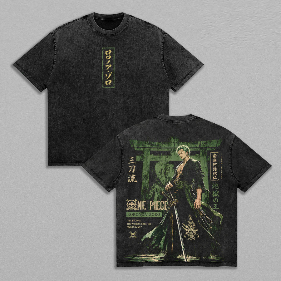 OnePiece  Roronoa Zoro Three-Sword Style Anime Graphic Tee King of Hell Swordsman Vintage Washed Oversized T-Shirt